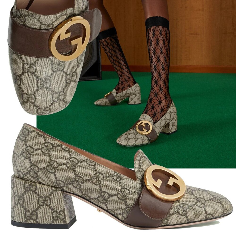 GUCCI SHOES BLONDIE GG SUPREME CANVAS GOLD LOGO DETAIL PUMPS